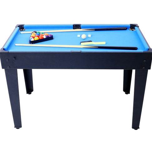5-in-1 game table for billiards, push hockey, foosball, ping pong, and basketball in black and blue.