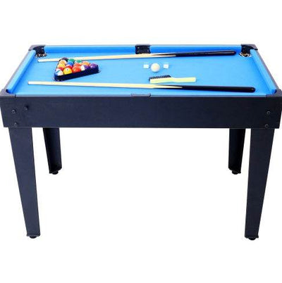 5-in-1 game table for billiards, push hockey, foosball, ping pong, and basketball in black and blue.