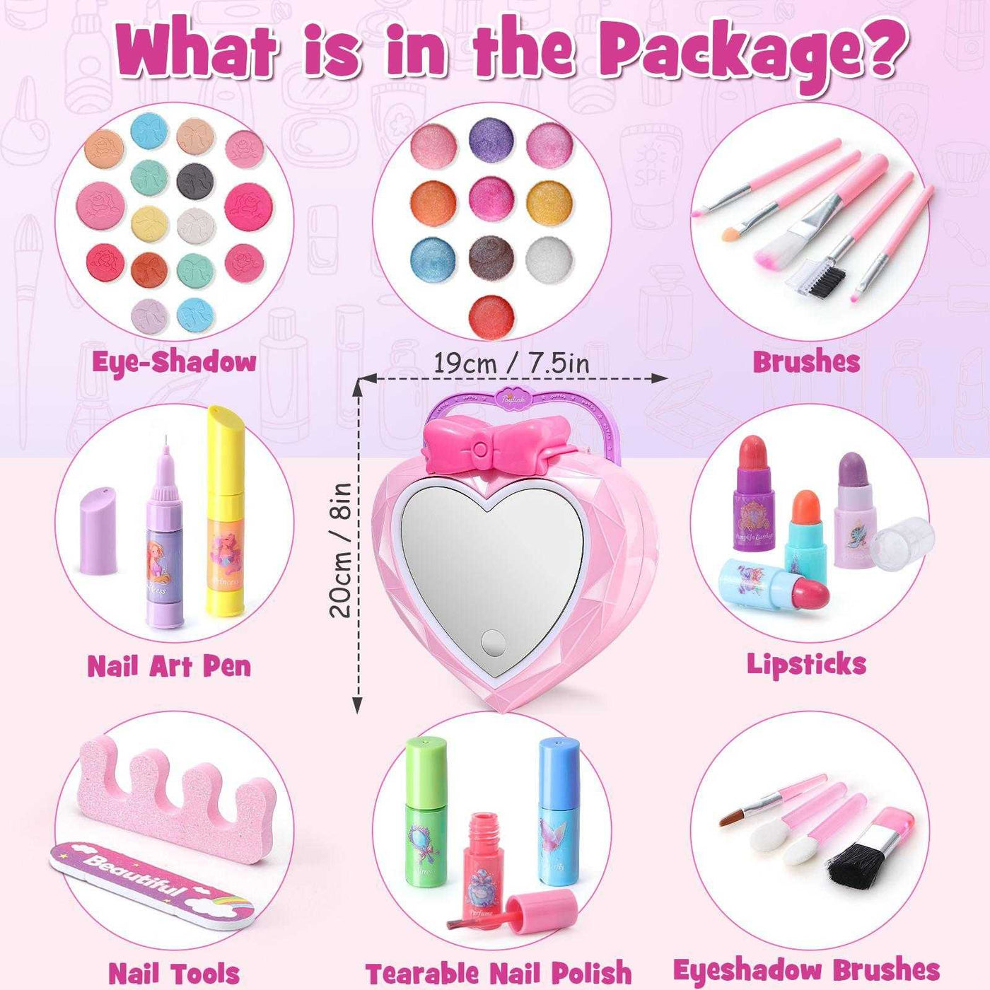 Complete makeup set with LED mirror and accessories, including eye shadows, brushes, lipsticks, and nail art pen. Perfect for creative learning and gift-giving.