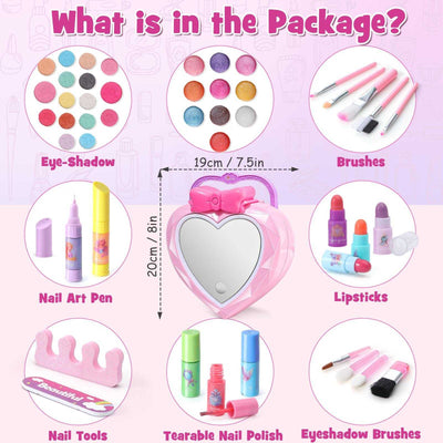 Complete makeup set with LED mirror and accessories, including eye shadows, brushes, lipsticks, and nail art pen. Perfect for creative learning and gift-giving.
