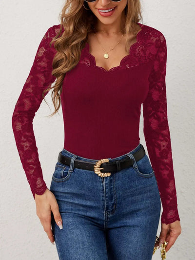 Lace Long Sleeve Top red