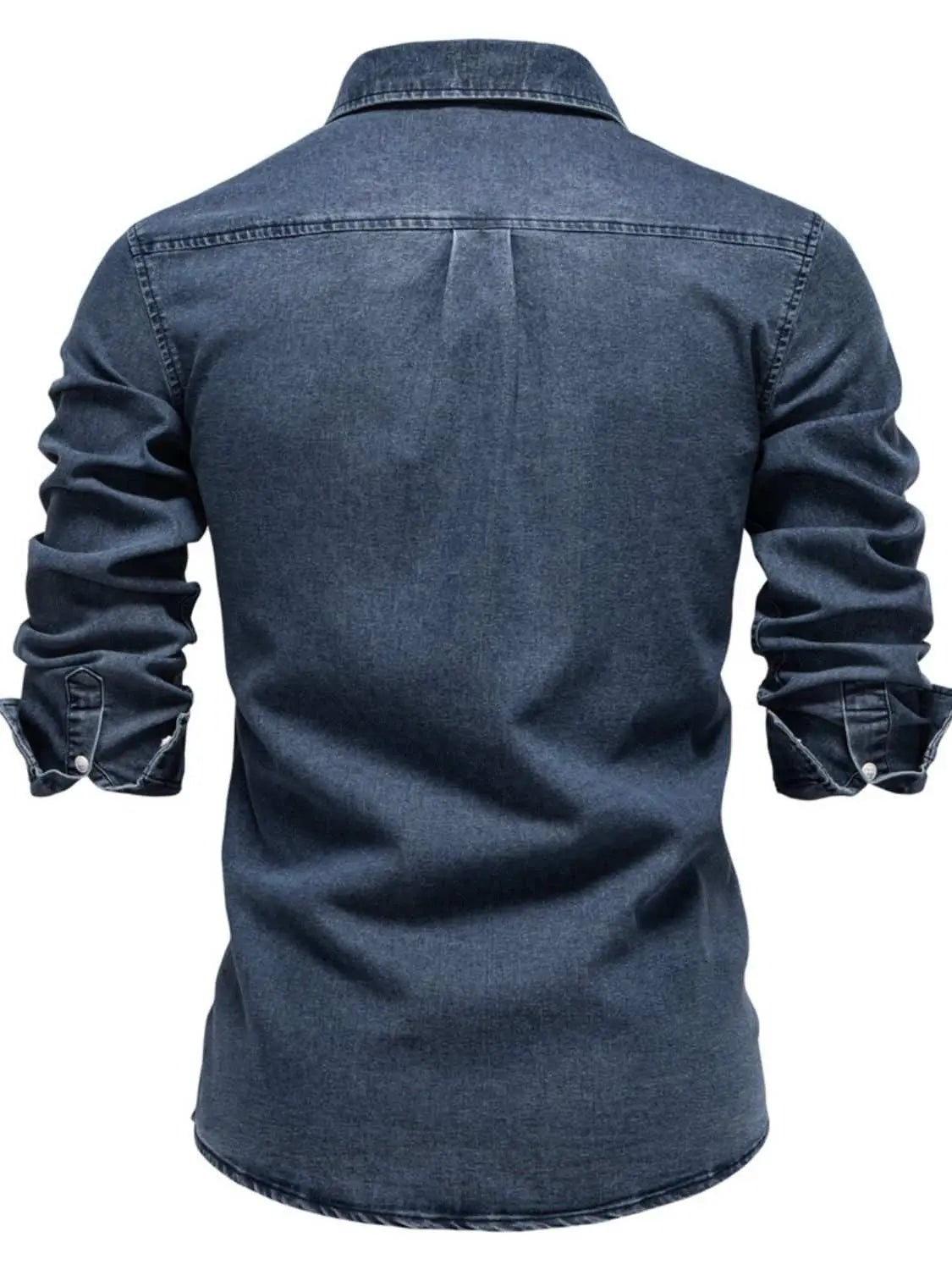Men's button down denim shirt, back view, slightly stretchy, cotton blend.
