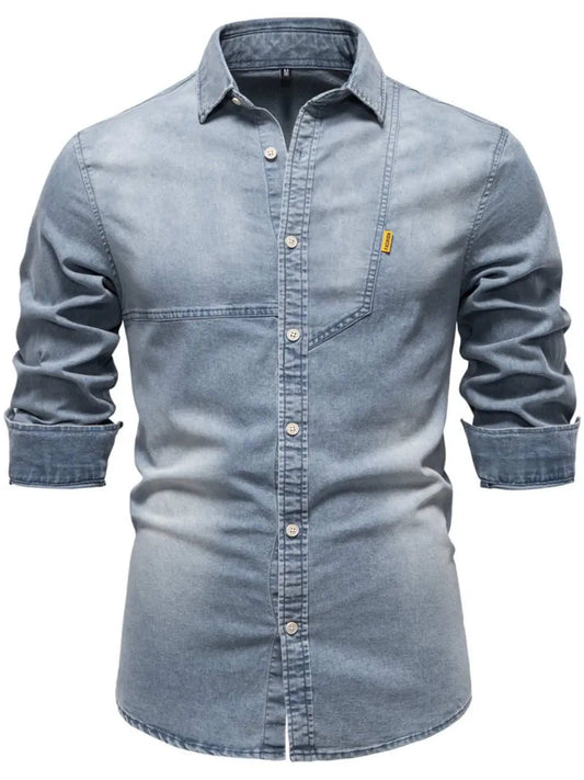 Men's button down collared neck denim shirt, slightly stretchy cotton blend.