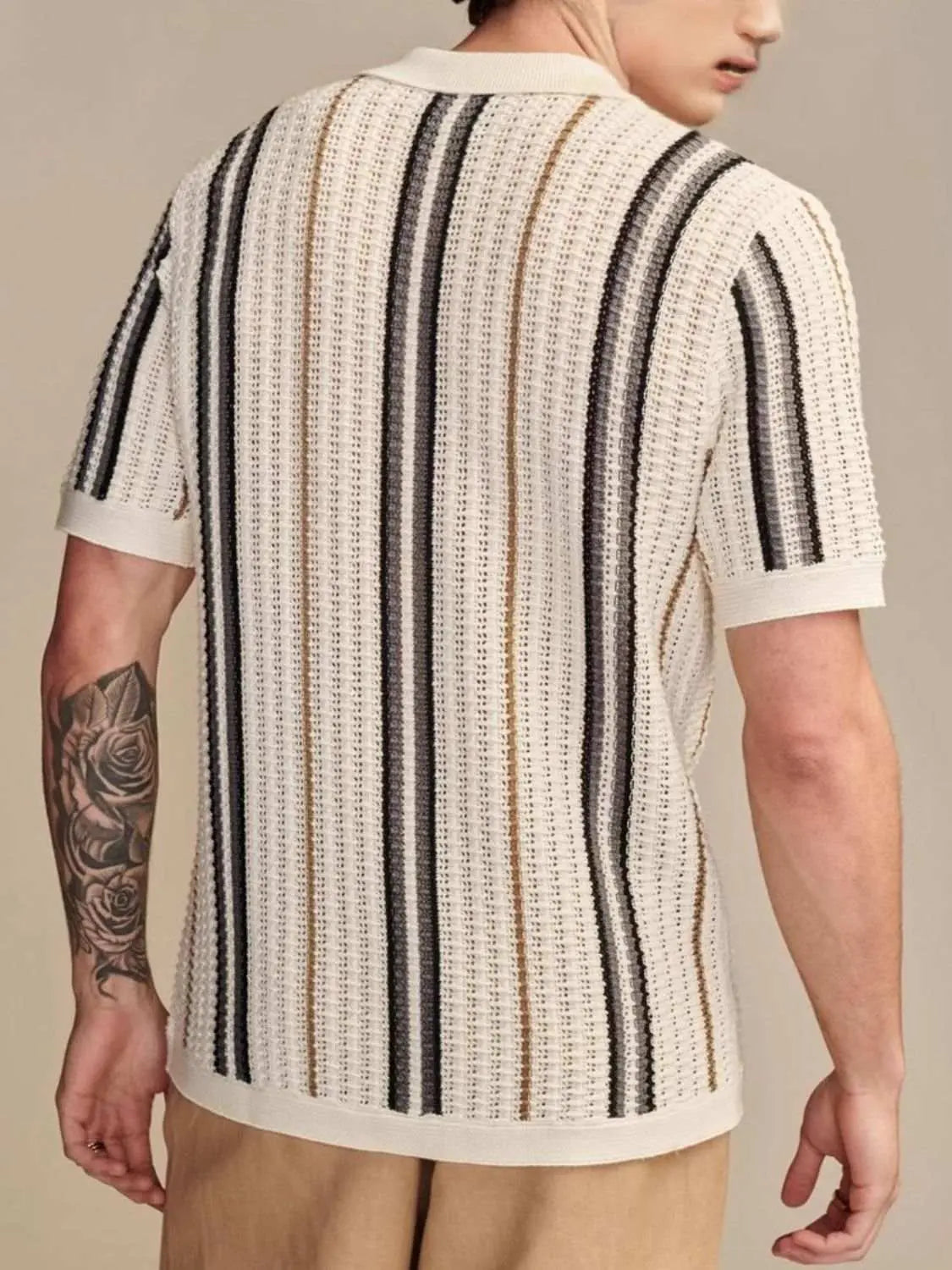 Men's plus size striped short sleeve shirt with collared neck in white and black.