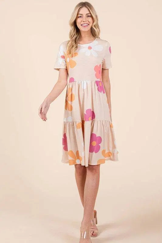 BOMBOM Floral Round Neck Short Sleeve Tiered Dress with vibrant floral print.