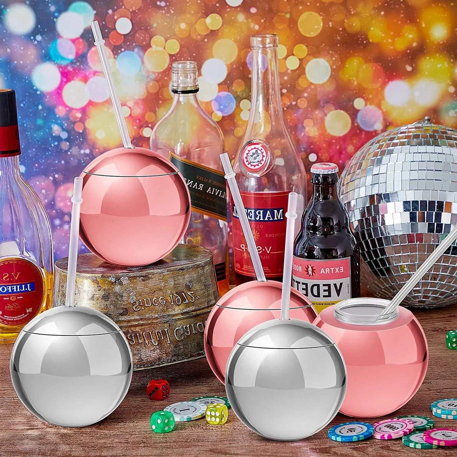 4 Pack 20 Oz Disco Cups With Lid And Straw Disco Ball Cocktail Cup Plastic Disco Party Cups For Party Bar Nightclub, Silver, Rose Gold