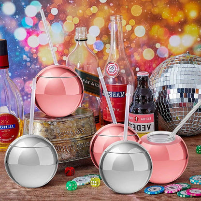 4 Pack 20 Oz Disco Cups With Lid And Straw Disco Ball Cocktail Cup Plastic Disco Party Cups For Party Bar Nightclub, Silver, Rose Gold