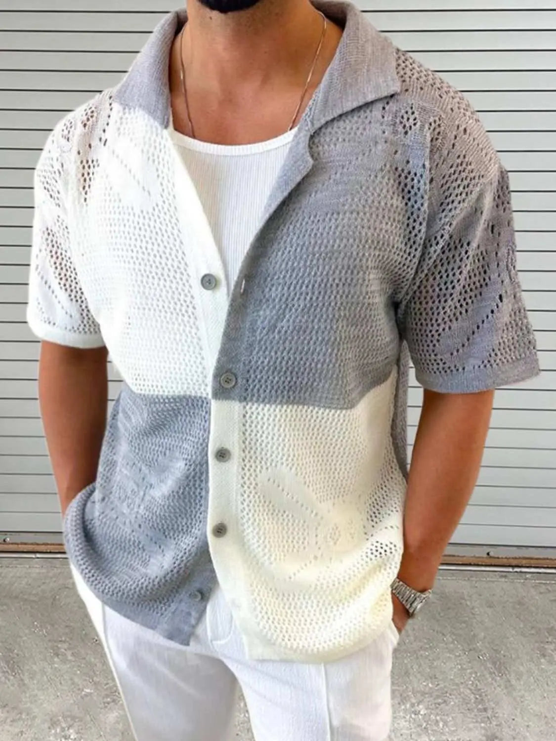 Men's contrast button down hollow out shirt, eyelet design, slightly stretchy polyester.