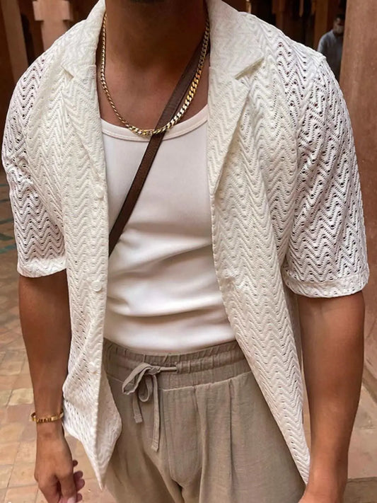 Men's plus size herringbone eyelet button-down knit shirt in white, short sleeves.