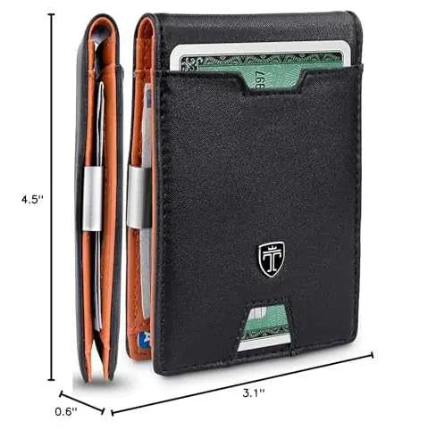 TRAVANDO Mens Slim Wallet with RFID blocking and money clip, carbon design.