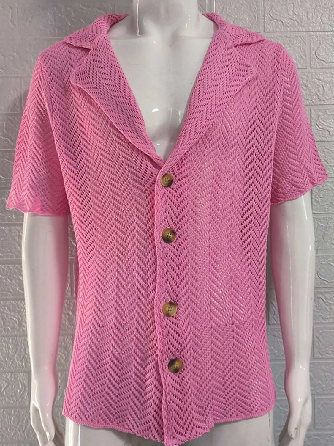 Men's Plus Size Herringbone Eyelet Button Down Knit Shirt in pink, featuring short sleeves and a slightly stretchy acrylic-polyester blend.