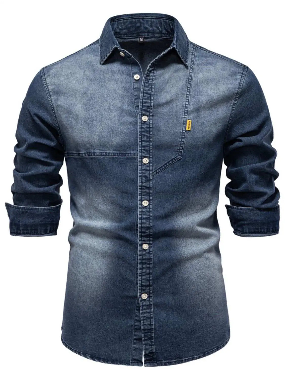 Men's button down collared neck denim shirt, slightly stretchy cotton blend.