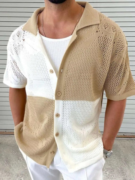 Men's contrast button down hollow out shirt in beige and white with eyelet design.