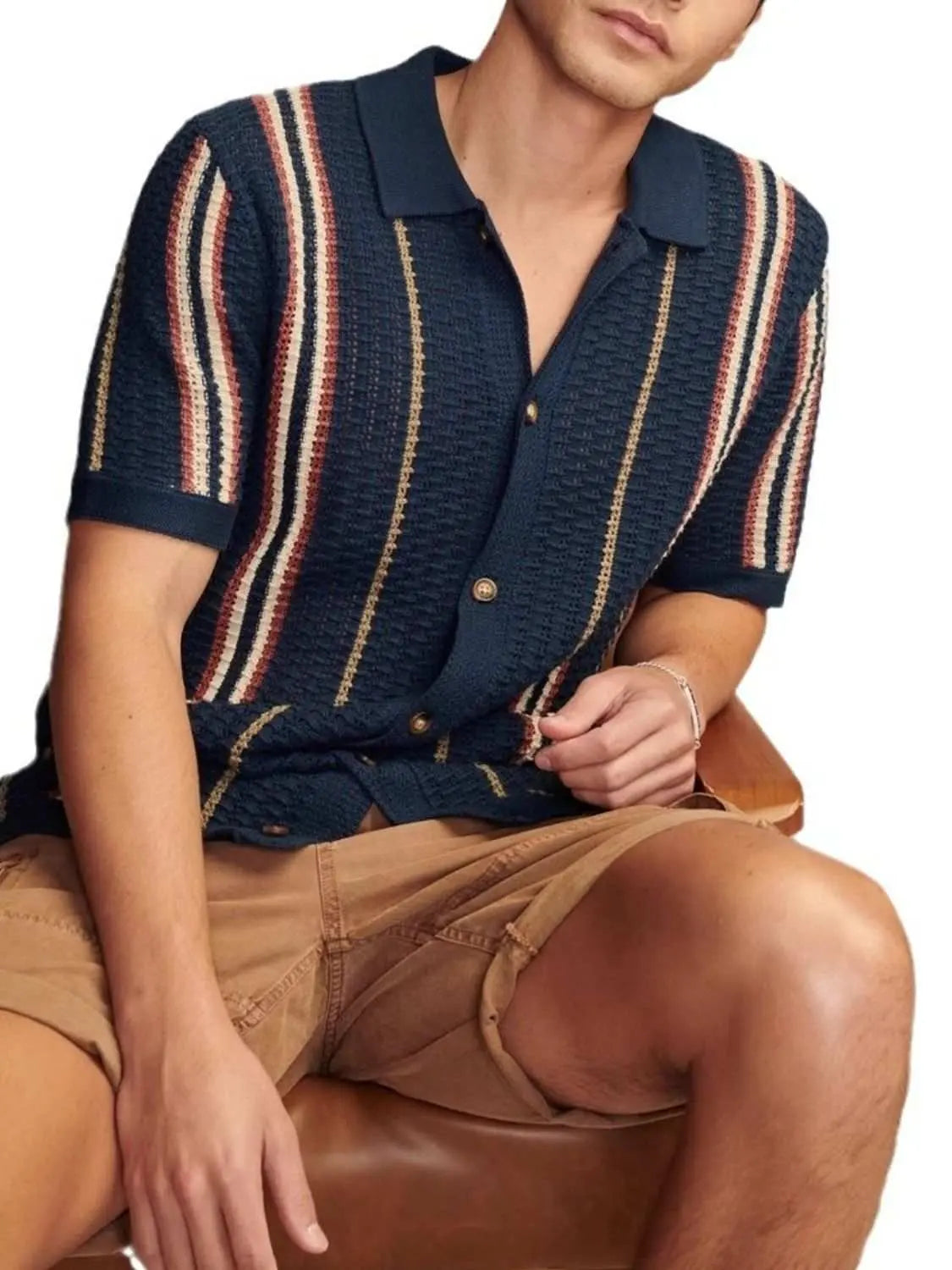 Men's plus size striped collared neck short sleeve shirt in 100% viscose.