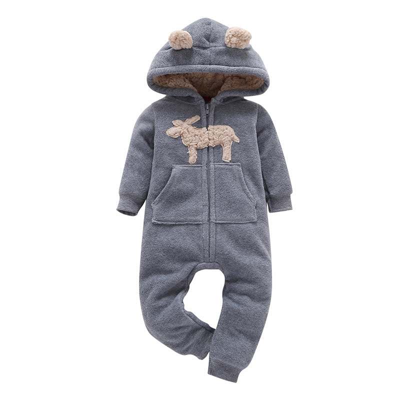 Cozy long-sleeved fleece romper for babies in grey, featuring a hooded design with animal patch for warmth and style.