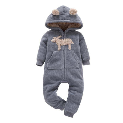 Cozy long-sleeved fleece romper for babies in grey, featuring a hooded design with animal patch for warmth and style.