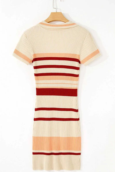 Contrast striped Johnny collar short sleeve mini dress in beige and red hues.