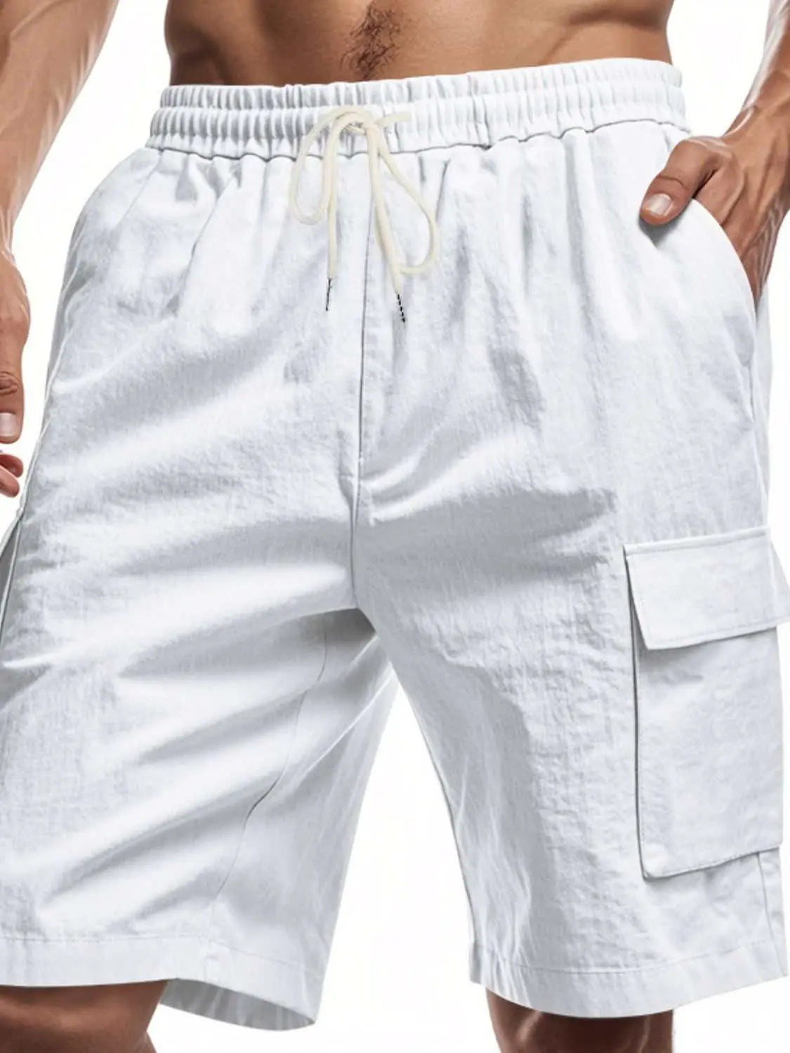 Men's full size drawstring shorts with cargo pockets made of 100% polyester.