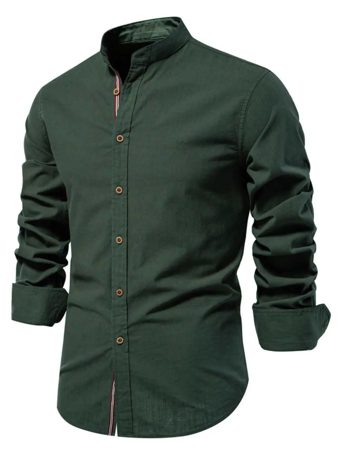 Men's full-size button-down embroidered shirt in dark green, slightly stretchy cotton fabric.