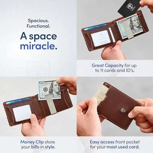 TRAVANDO Mens Slim Wallet with RFID Blocking and Money Clip, showcasing multiple card slots and stylish design.