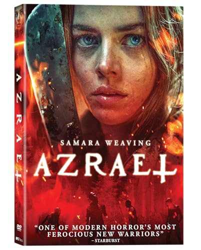 Azrael [DVD] cover featuring a determined woman wielding a weapon in a fiery scene.