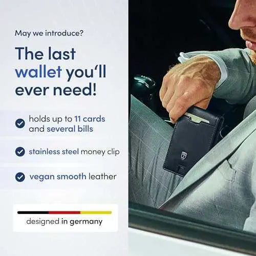 TRAVANDO Mens Slim Wallet with RFID blocking and money clip, holding up to 11 cards, in elegant carbon design.