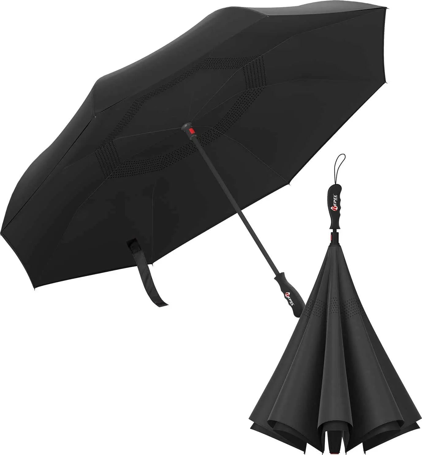 Windproof travel umbrella with auto open/close, durable fiberglass frame, waterproof canopy, and compact design for easy portability.
