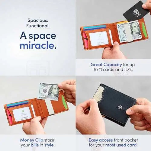 TRAVANDO Mens Slim Wallet with Money Clip AUSTIN, RFID blocking bifold design, featuring 11 card pockets and sleek styling for men, gift box included.