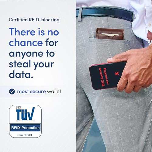 TRAVANDO Mens Slim Wallet with RFID blocking and money clip in back pocket of gray pants.