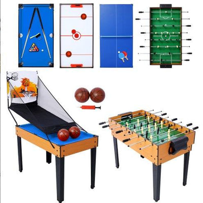 5-in-1 game table featuring billiards, push hockey, foosball, ping pong, and basketball with accessories.