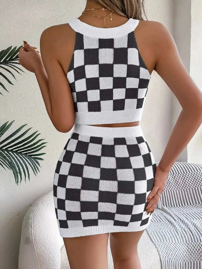 Checkered Grecian neck cami and skirt sweater set in black and white, two-piece, slightly stretchy viscose material.