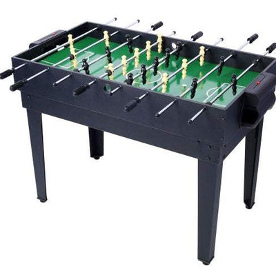 5-in-1 game table featuring foosball setup with sleek black design.