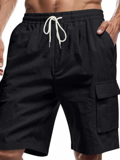 Men's full size drawstring shorts with cargo pockets, polyester material.