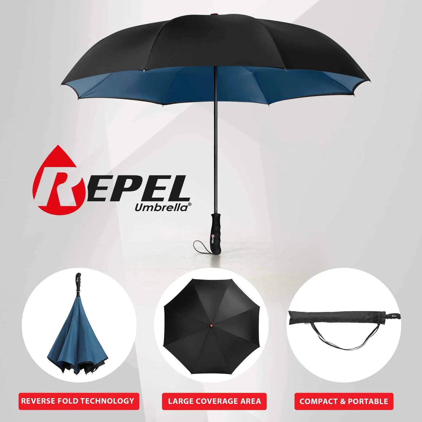 Repel Umbrella Windproof Travel Umbrella with durable fiberglass frame and waterproof canopy, ideal for travel and portability.