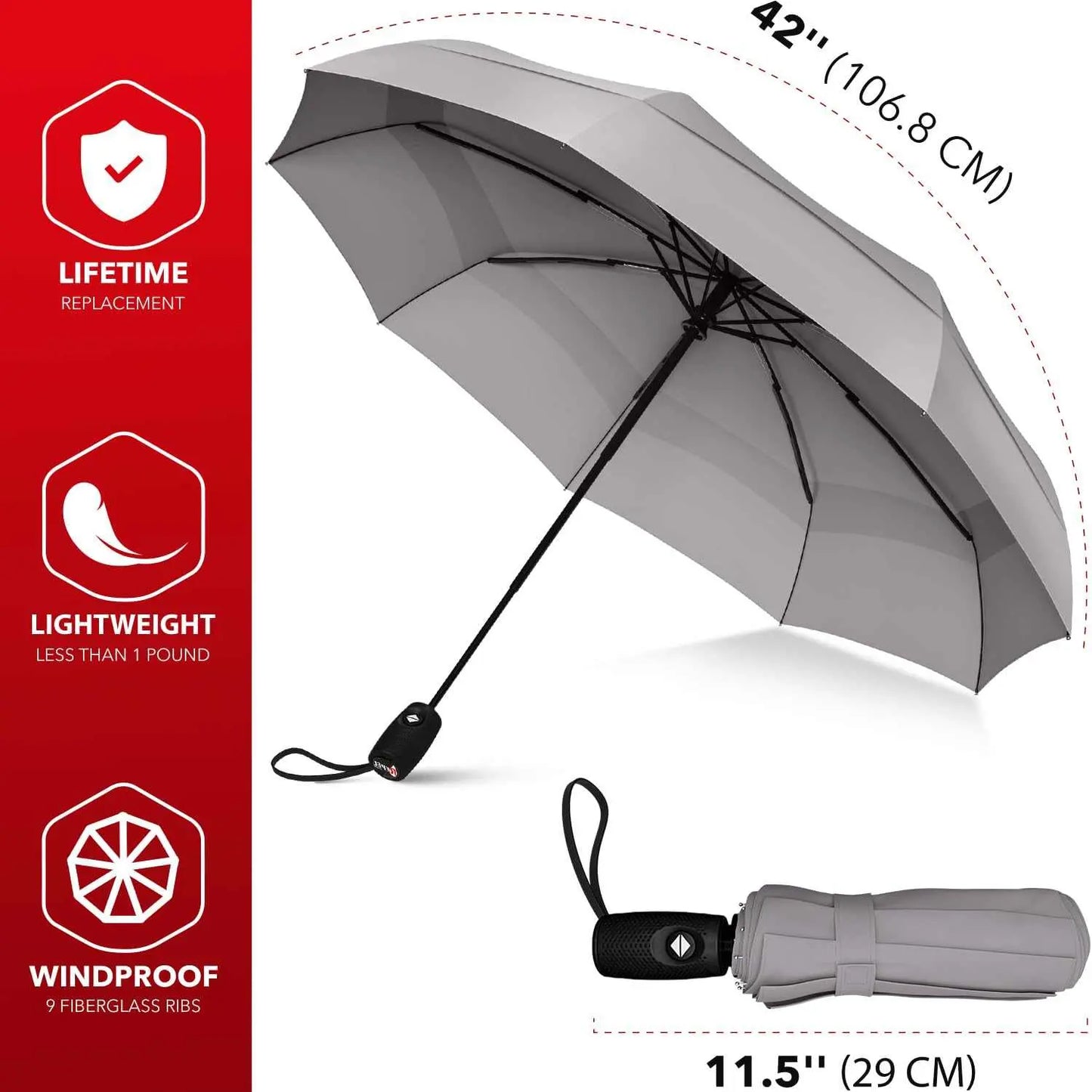 Windproof travel umbrella with auto open/close, durable design, and waterproof canopy, perfect for backpacks and purses.