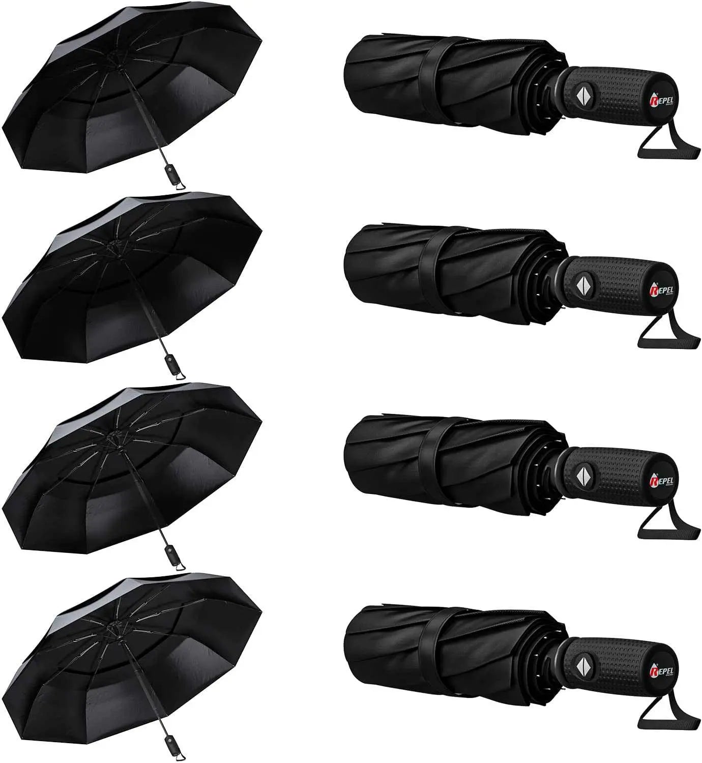 Repel Umbrella Windproof Travel Umbrellas in black, open and closed positions, showcasing durable fiberglass frame and waterproof canopy.
