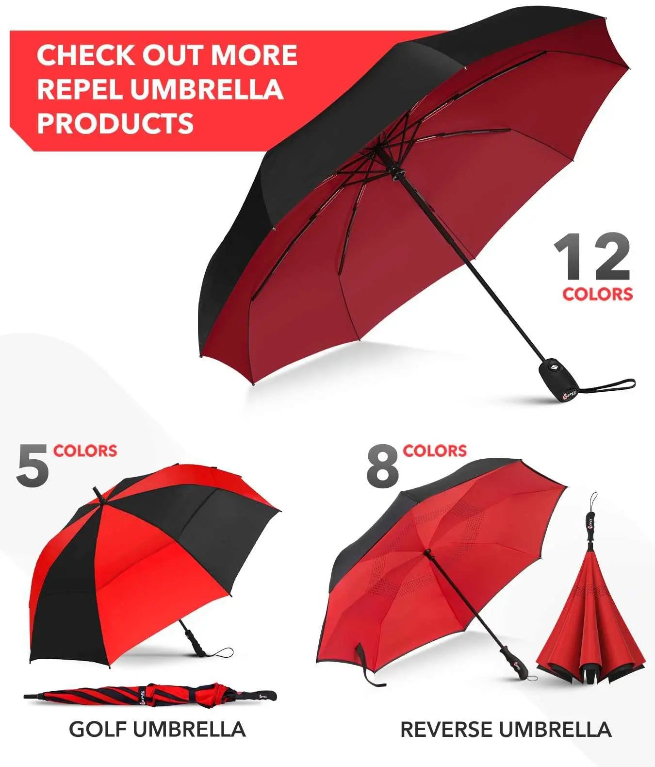 Repel Umbrella windproof travel umbrellas in various colors, featuring durable fiberglass frames and waterproof canopies, ideal for travel.