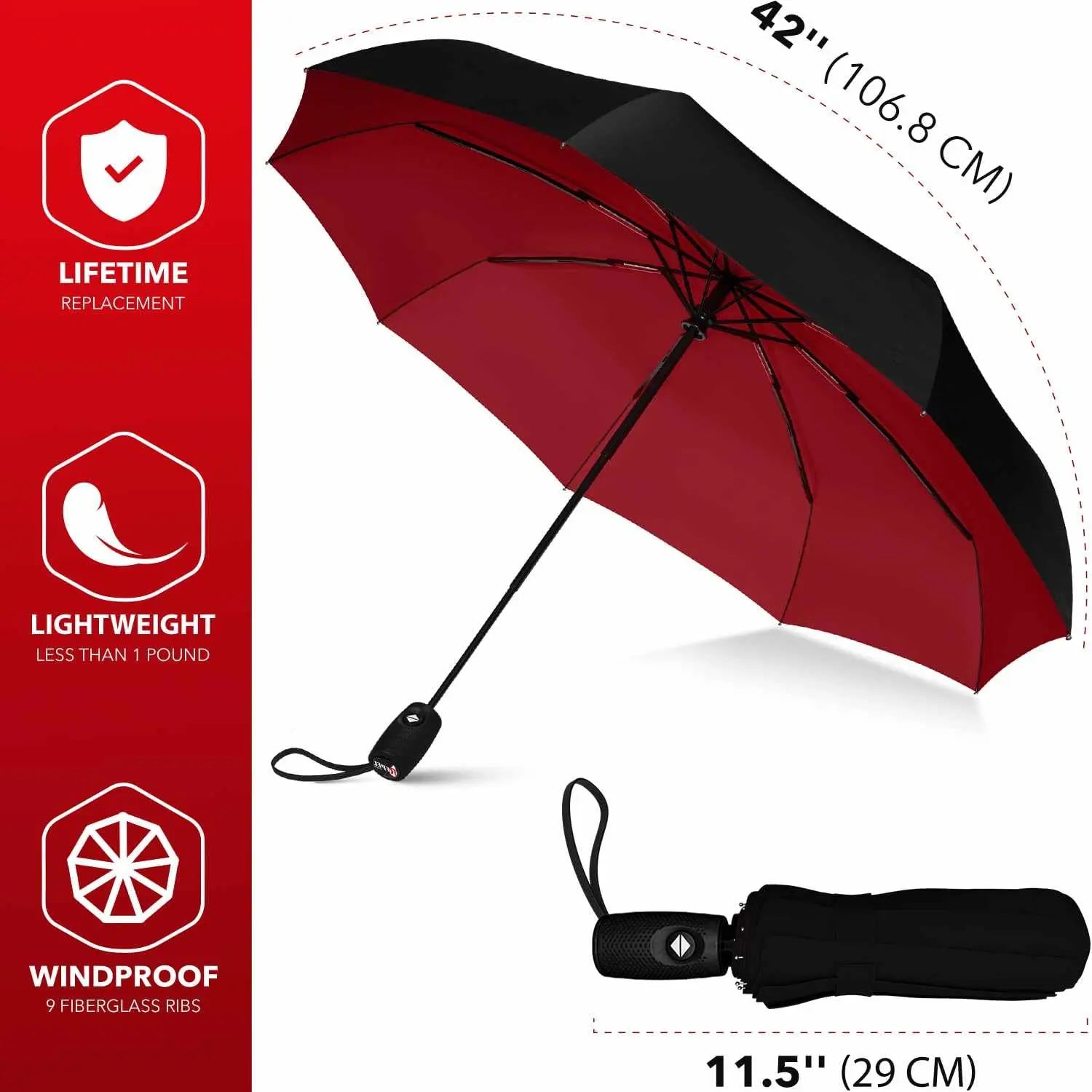 Repel Umbrella Windproof, lightweight travel umbrella with durable fiberglass frame and waterproof canopy, shown open and folded.