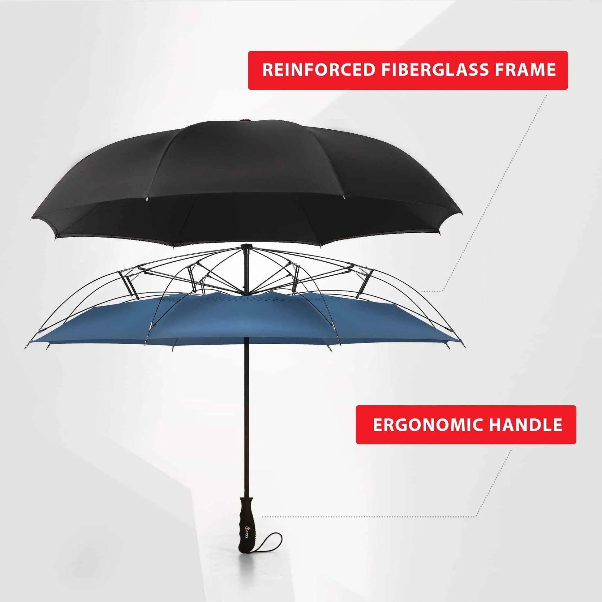 Repel Umbrella Windproof travel umbrella with reinforced fiberglass frame and ergonomic handle.