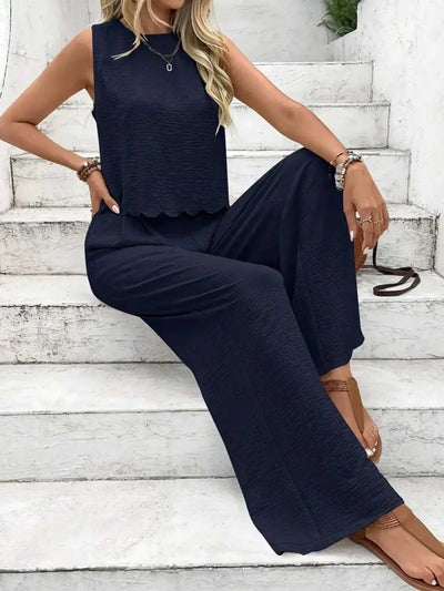 Tie Back Round Neck Top and Pants Set in dark color with sleeveless top and wide-leg pants.