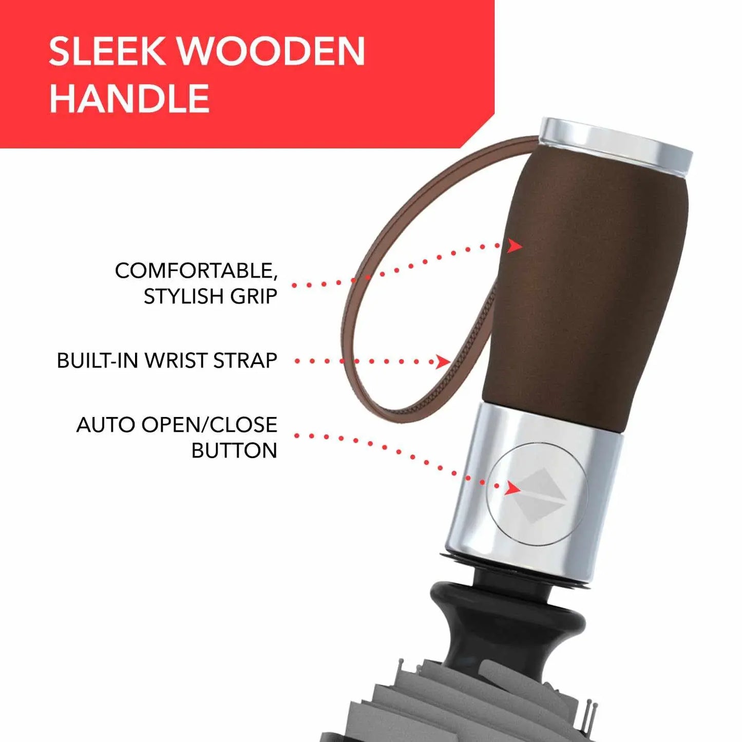 Repel Umbrella Windproof with sleek wooden handle, built-in wrist strap, and auto open/close button.