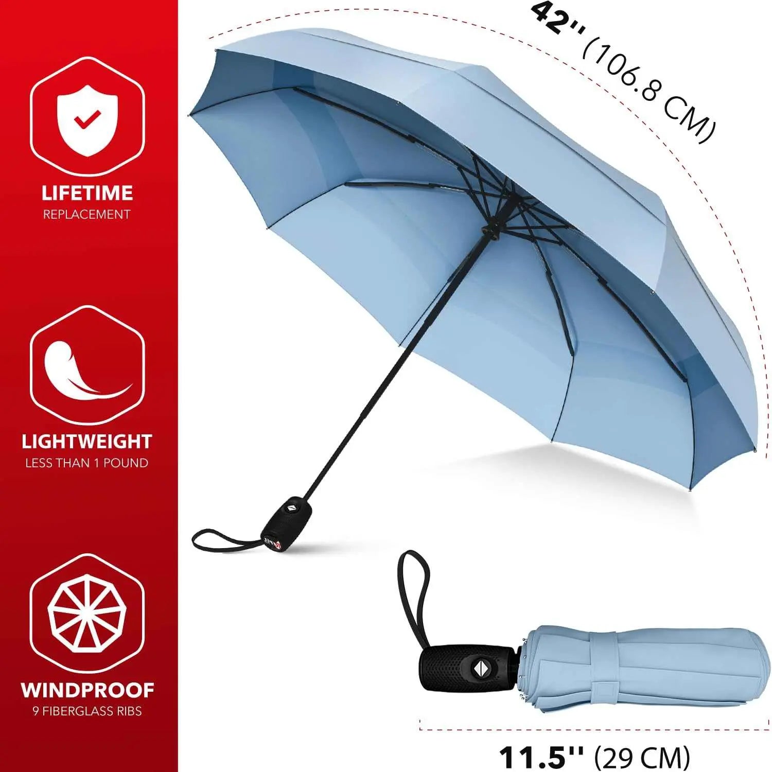 Repel Umbrella Windproof, durable and compact travel umbrella with auto open/close, strong fiberglass frame, and waterproof canopy for rain and wind protection.