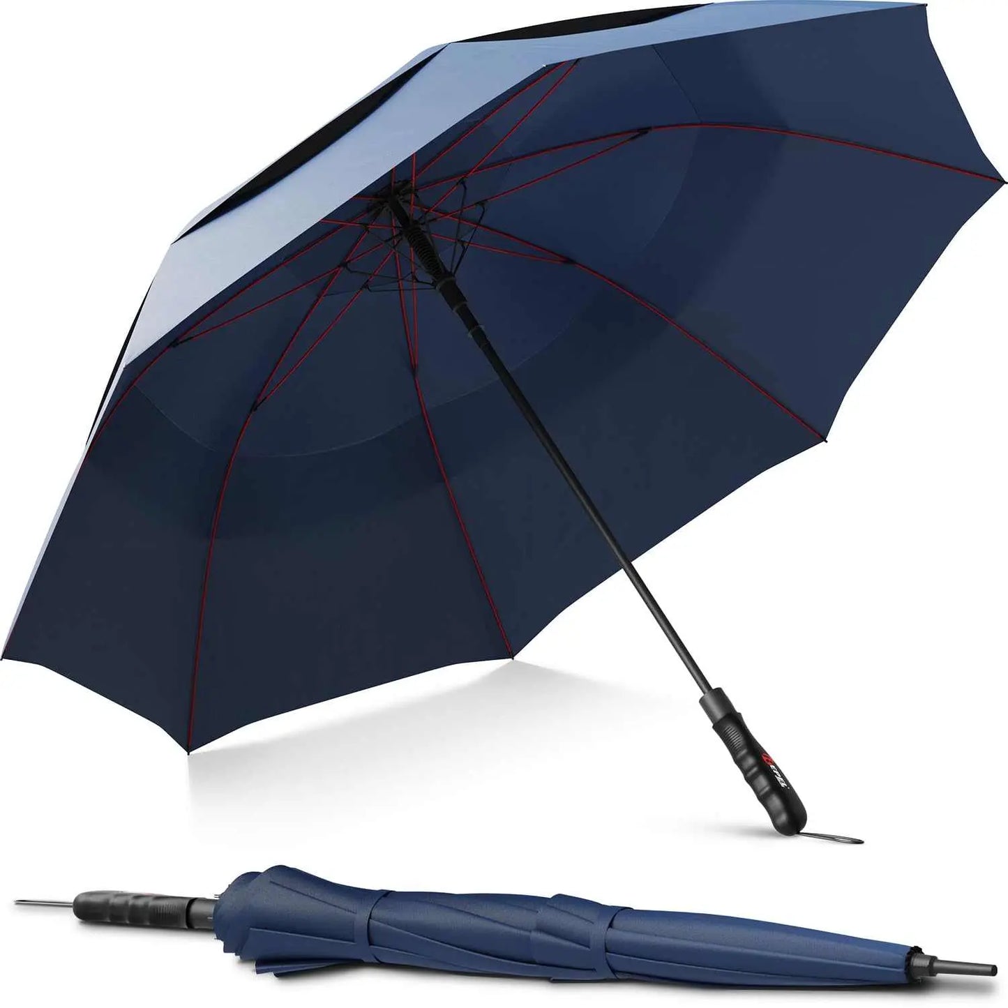 Windproof travel umbrella with durable fiberglass frame and waterproof canopy, ideal for travelers.