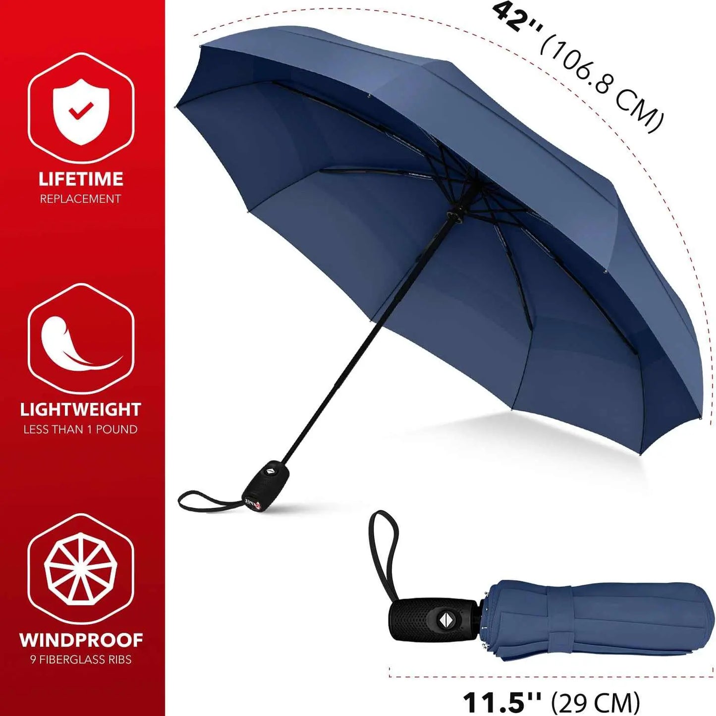 Repel Umbrella Windproof Travel Umbrella, durable and compact with auto open/close, strong fiberglass frame, and waterproof canopy.