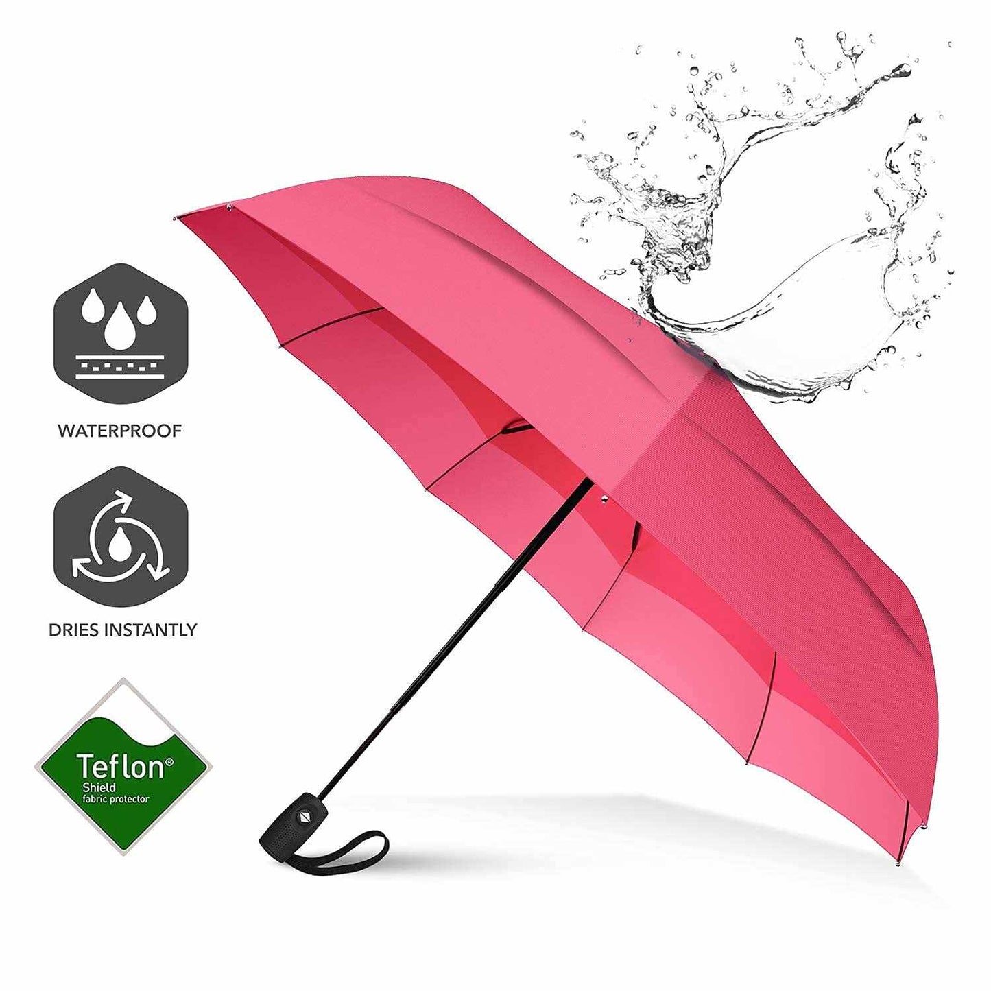 Repel Umbrella Windproof Travel Umbrella, pink, waterproof canopy, compact and portable with auto open/close, strong fiberglass frame.