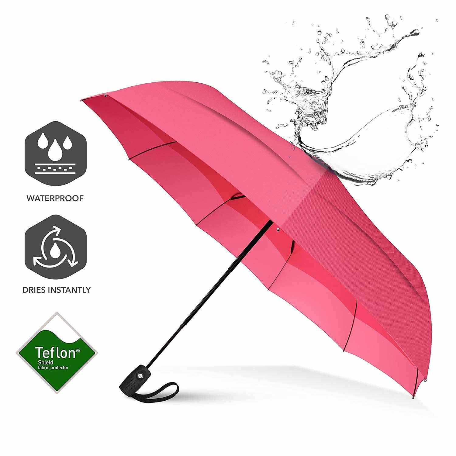 Repel Umbrella Windproof Travel Umbrella, pink, waterproof canopy, compact and portable with auto open/close, strong fiberglass frame.