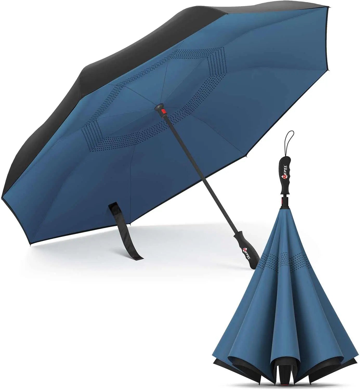 Repel Umbrella Windproof Travel Umbrella with blue waterproof canopy, auto open/close, durable fiberglass frame.