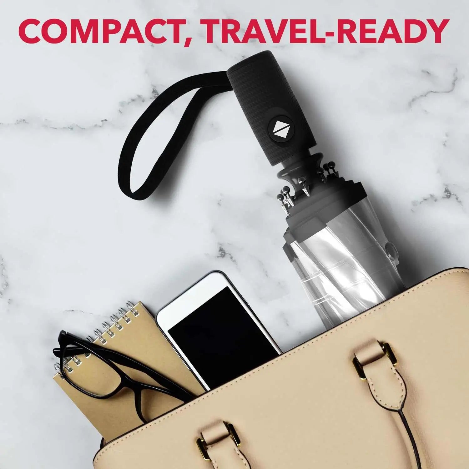 Compact Repel Umbrella Windproof, travel-ready in a purse with accessories.