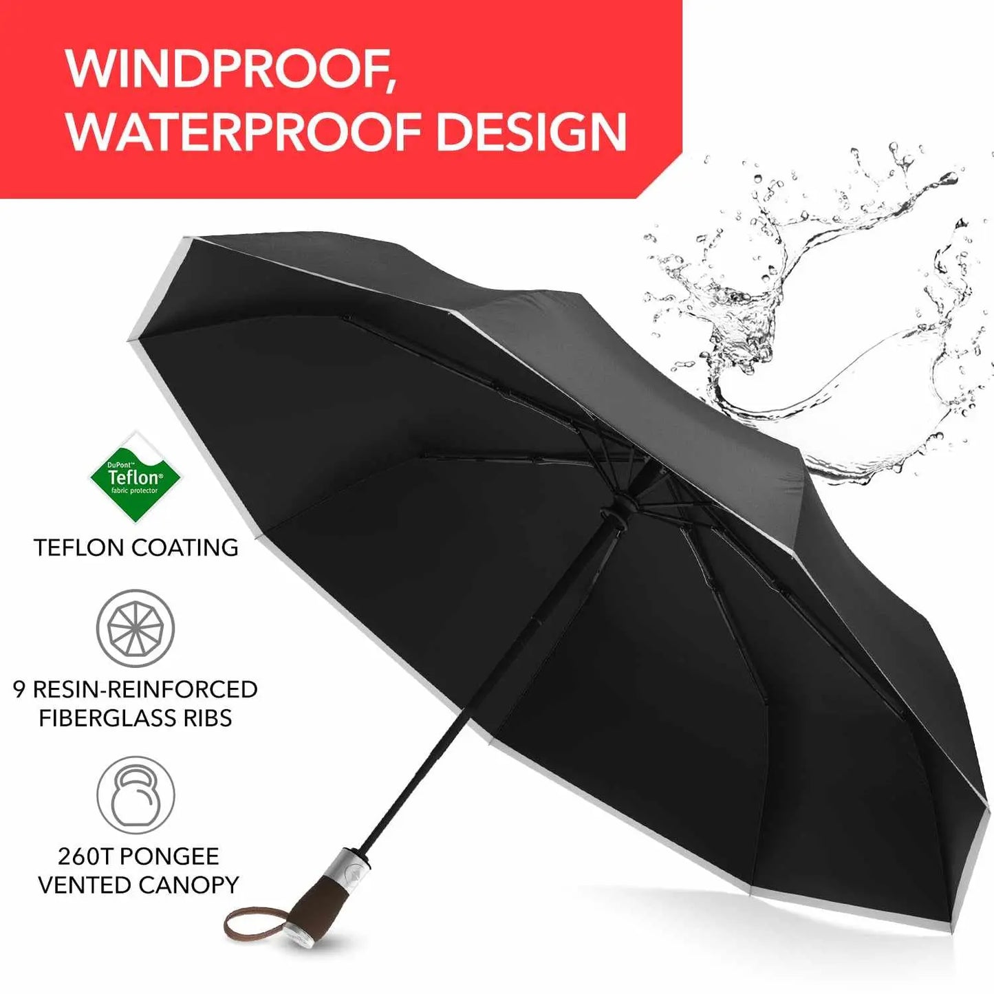 Repel Umbrella Windproof travel umbrella with auto open/close, durable fiberglass frame, and waterproof canopy.