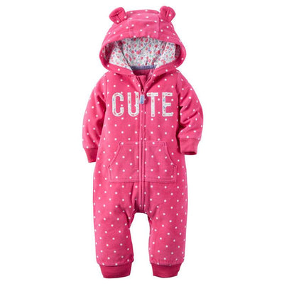 Cozy long-sleeved fleece romper for babies in pink with hood and zipper closure.